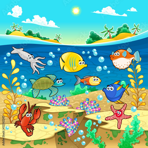 Vector: Family of funny fish in the sea. Family of funny fish in the sea.