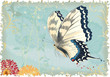 Flying butterfly on a blue retro styled background