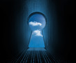 Doorway revealing cloudy sky 
