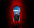 Doorway revealing cloudy sky with businessman standing