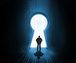 Businessman standing at the keyhole door showing light