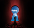 Businessman standing at the keyhole door showing cloudy sky