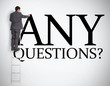 Businessman standing on ladder finishing large sign