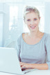 Blond haired woman using her laptop