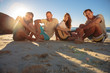 Group of smiling friends sitting on the beach