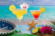 Cocktails Margarita and sex on the beach on blue CaribbeanCockta