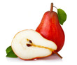 Ripe red pear fruits with green leaves isolated