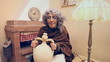 Grandma strange eagerly drinking from an earthenware jug