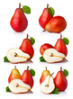 Set of ripe red pear fruits with green leaves isolated