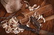 The carpenter hand tools. Chisels, planes, hammer