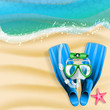 diving mask, cam, tube and starfish on beach background