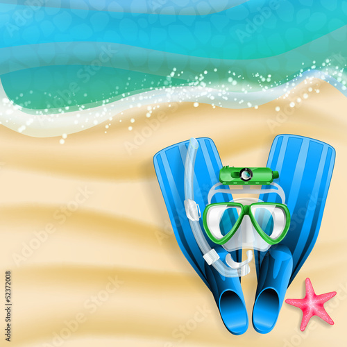 Vector: diving mask, cam, tube and starfish on beach background diving mask, cam, tube and starfish on beach background