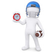 3d man in football helmet holds red alarm clock
