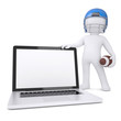 3d man in a football helmet holds laptop