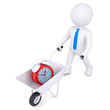 3d white man carries wheelbarrow of alarm clock