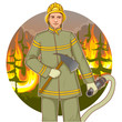 Firefighter with a fire hose and axe against a fire, eps10
