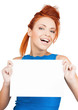woman showing white blank board