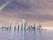 3D abstract modern city on beautiful seascape with rainbow