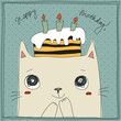 Beautiful happy birthday greeting card with cat and cake