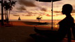 Woman on the beach and yacht sailing at sunrise, tilt