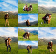 Collage of climber woman with backpack in mountains