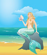 Illustration of a Beautiful mermaid girl with sea shell sitting