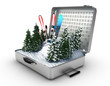 suitcase ski and snowboard with snow inside