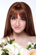 girl with a bouquet of flowers on a white background