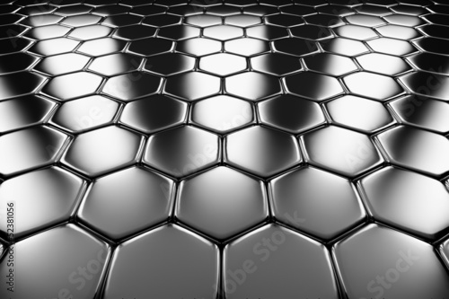 Illustration: Metal surface of steel hexagons perspective view Metal surface of steel hexagons perspective view