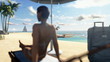 Woman on the beach with suitcases, camera panning