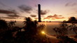 Tropical Island, Hotel on Coastline and yachts at sunset