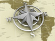Navigation sign or compass on political map.