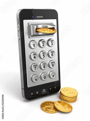 Illustration: Mobile phone payment. Payphone keyboartd and coins. Mobile phone payment. Payphone keyboartd and coins.