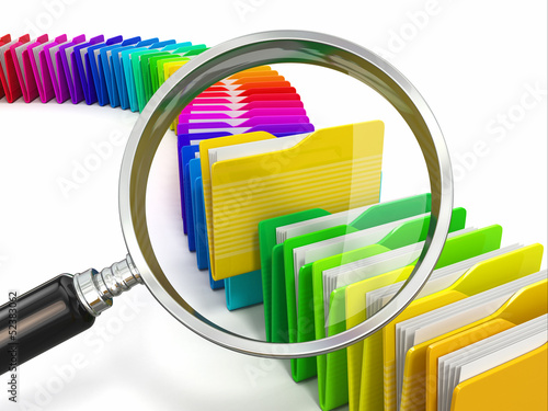 Illustration: Files search. Folders and loupe on white background. Files search. Folders and loupe on white background.
