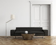Contemporary classic living room, black leather sofa, wood floor