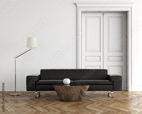 Illustration: Contemporary classic living room, black leather sofa, wood floor Contemporary classic living room, black leather sofa, wood floor