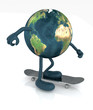 planet earth with arms and legs on skateboard