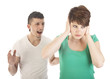 Young man and woman arguing isolated on white background