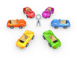 Colorful cars around 3d small person.