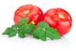 Two Juicy tomato with green leaves Isolated on white background
