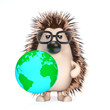Cute hedgehog has a globe