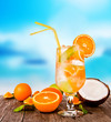 Summer drink with blur beach on background