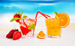 Summer drinks with blur beach on background