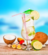 Summer drink with blur beach on background