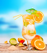 Summer drink with blur beach on background