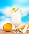 Summer drink with blur beach on background
