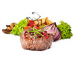 Grilled steak and potato isolated on white background