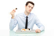Man disliking sushi
