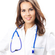 Happy smiling female doctor, over white