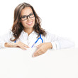 Doctor showing blank signboard, isolated